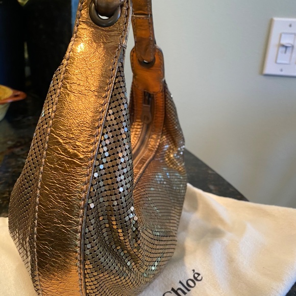 CHLOÉ Bronze Chainmail Shoulder Bag w/ Leather Trim - Picture 3 of 6